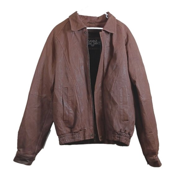 Leather Gallery Bomber Jacket Mens Small Brown Retro Fur-Lined Zip Winter Coat